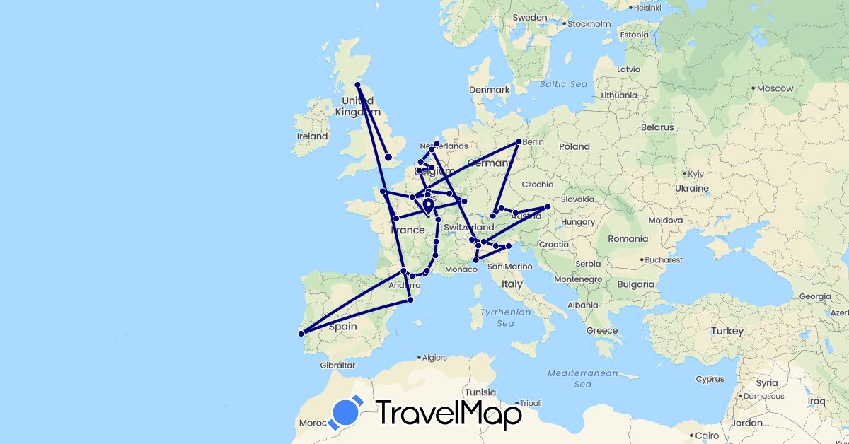 TravelMap itinerary: driving in Austria, Belgium, Germany, Spain, France, United Kingdom, Italy, Netherlands, Portugal (Europe)